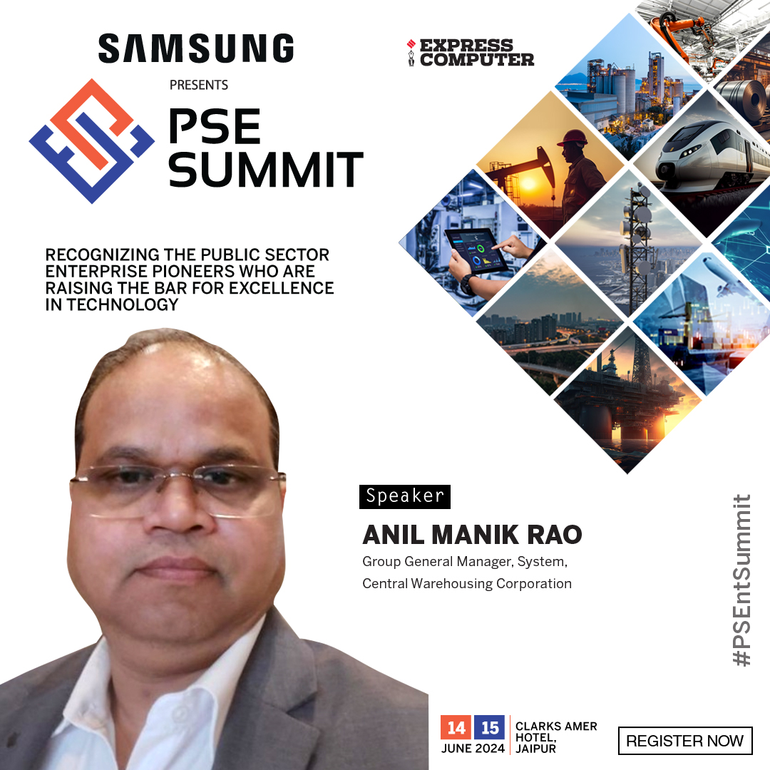 ExpComputer's tweet photo. Anil Manik Rao, Group General Manager, System, @cwc_warehouse will be sharing his insights at @SamsungIndia presents #PSEntSummit 2024 | 14th &amp; 15th June 2024 | Clarks Amer Hotel, Jaipur

Register Now: https://t.co/rksKLsHrFH

@srikrp @NivedanPrakash @H_Y_DESAI @AdarshSom https://t.co/XdL1BcaB0H