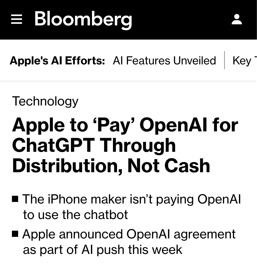 MorningBrew's tweet photo. Apple is treating OpenAI like they're an unpaid intern https://t.co/3KM2W4ygzn