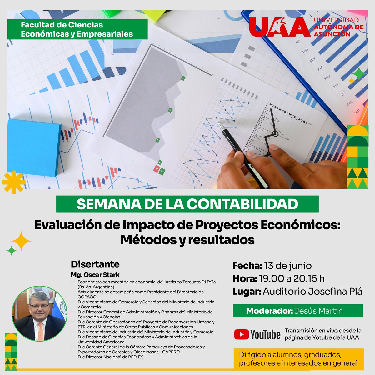 uaapy's tweet image. ¡Continuamos con la #SemanaDeLaContabilidad! ✨

No te pierdas la disertación del MG. Oscar Stark, un referente en el campo de la economía. Nos compartirá su visión y conocimientos sobre la Evaluación de Impacto de Proyectos Económicos: Métodos y Resultados 📊🔍.

#UAAPy