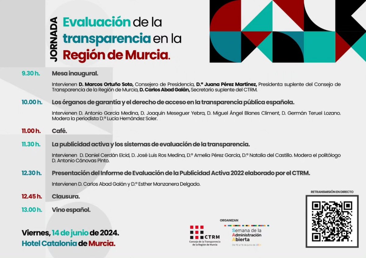 🗓️ Mañana el  #CTRM organiza este interesante evento donde se hablará de #TransparenciaSinFiltros  con grandes profesionales en la materia y conoceremos el último Informe de Evaluación de la #PublicidadActiva en la Región de Murcia. #OGW2024
👀👇🏻