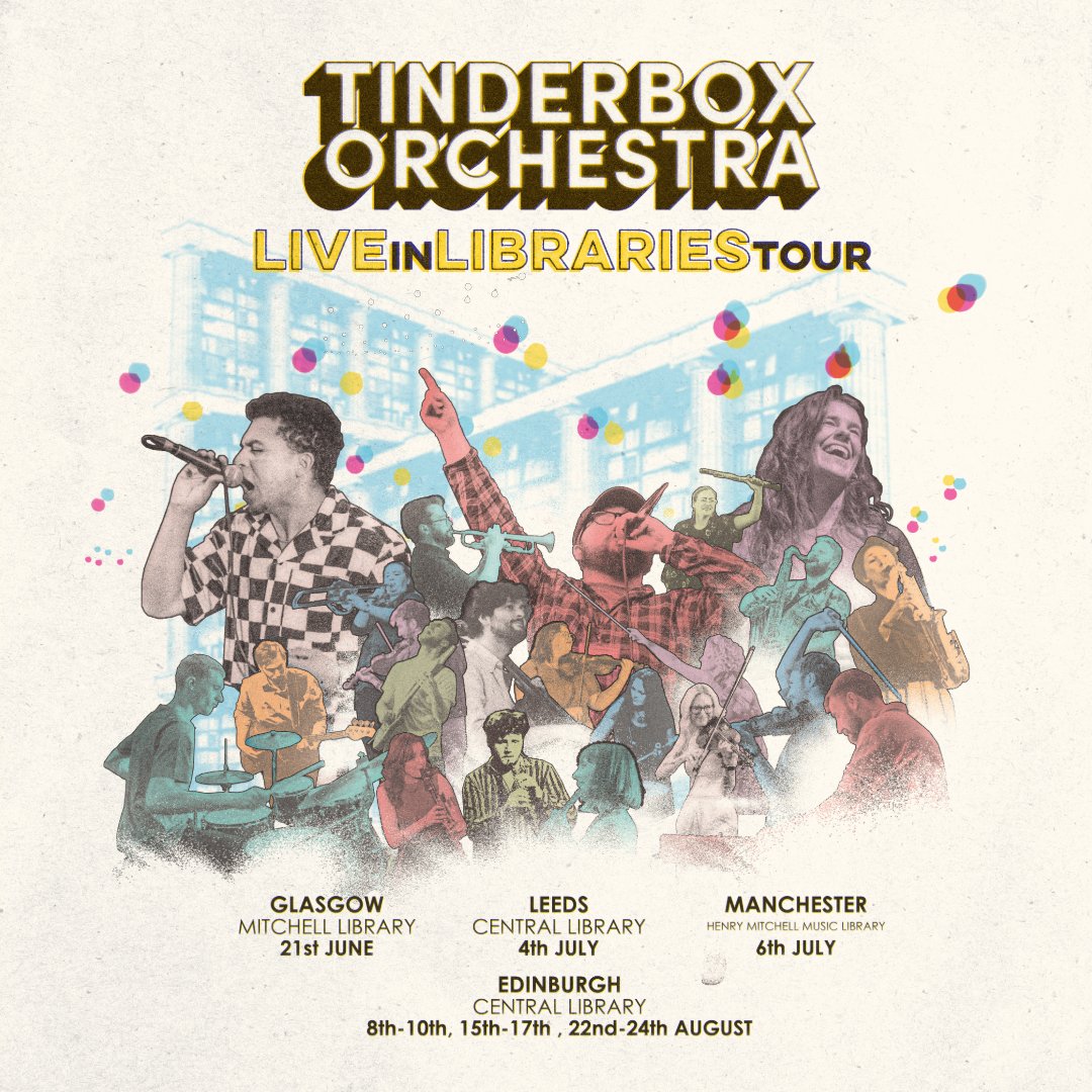 Very happy to announce the first leg of Tinderbox Orchestra's 'Live in Libraries' tour - bringing our flagship 20-piece band to perform in Glasgow, Leeds, Manchester, and Edinburgh!

Book tickets today via our website: tinderboxcollective.org/liveinlibrarie…

#LiveInLibraries