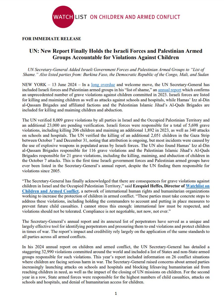 Ezequiel_Heffes's tweet photo. 🚨@1612Watchlist's Press Release: New UN Report Finally Holds Israeli Forces and Palestinian Armed Groups Accountable for Violations Against Children

📢Children must be protected. Everywhere. Always. Compliance is not negotiable. Not now, not ever.

https://t.co/2uCyuq43to https://t.co/DP05ylGuGr
