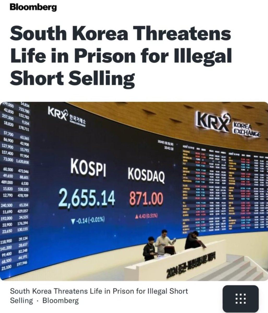 Practicalstocks's tweet photo. BREAKING: South Korea threatens life in prison for illegal short selling!

$AMC $GME https://t.co/T9rH70F86f