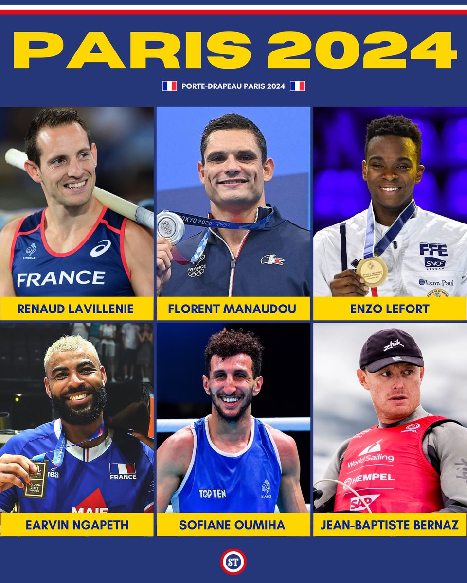 🇫🇷 Les 6 candidats masculins pour le devenir le porte-drapeau français aux JO de Paris 2024 🤩

Florent Manaudou ➡️ Natation
Renaud Lavillenie ➡️ Athlétisme
Enzo Lefort ➡️ Escrime
Earvin Ngapeth ➡️ Volley
Sofiane Oumiha ➡️ Boxe
Jean-Baptiste Bernaz ➡️ Voile