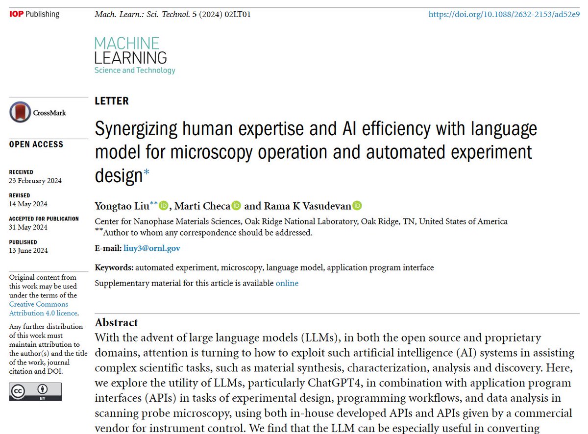 Great new work by <a href="/Yongtao_Liu/">Yongtao Liu</a> <a href="/mcheca7/">Martí Checa</a> and Rama K Vasudevan <a href="/ORNL/">Oak Ridge Lab</a> <a href="/ORNL_PhysSci/">Physical Sciences</a> <a href="/ORNLComputing/">ORNL Computing & Computational Sciences</a> -'Synergizing human expertise and #AI efficiency with #languagemodel for #microscopy.....'- iopscience.iop.org/article/10.108… #machinelearning #imaging #materials #LLMs #automation #nanoscience