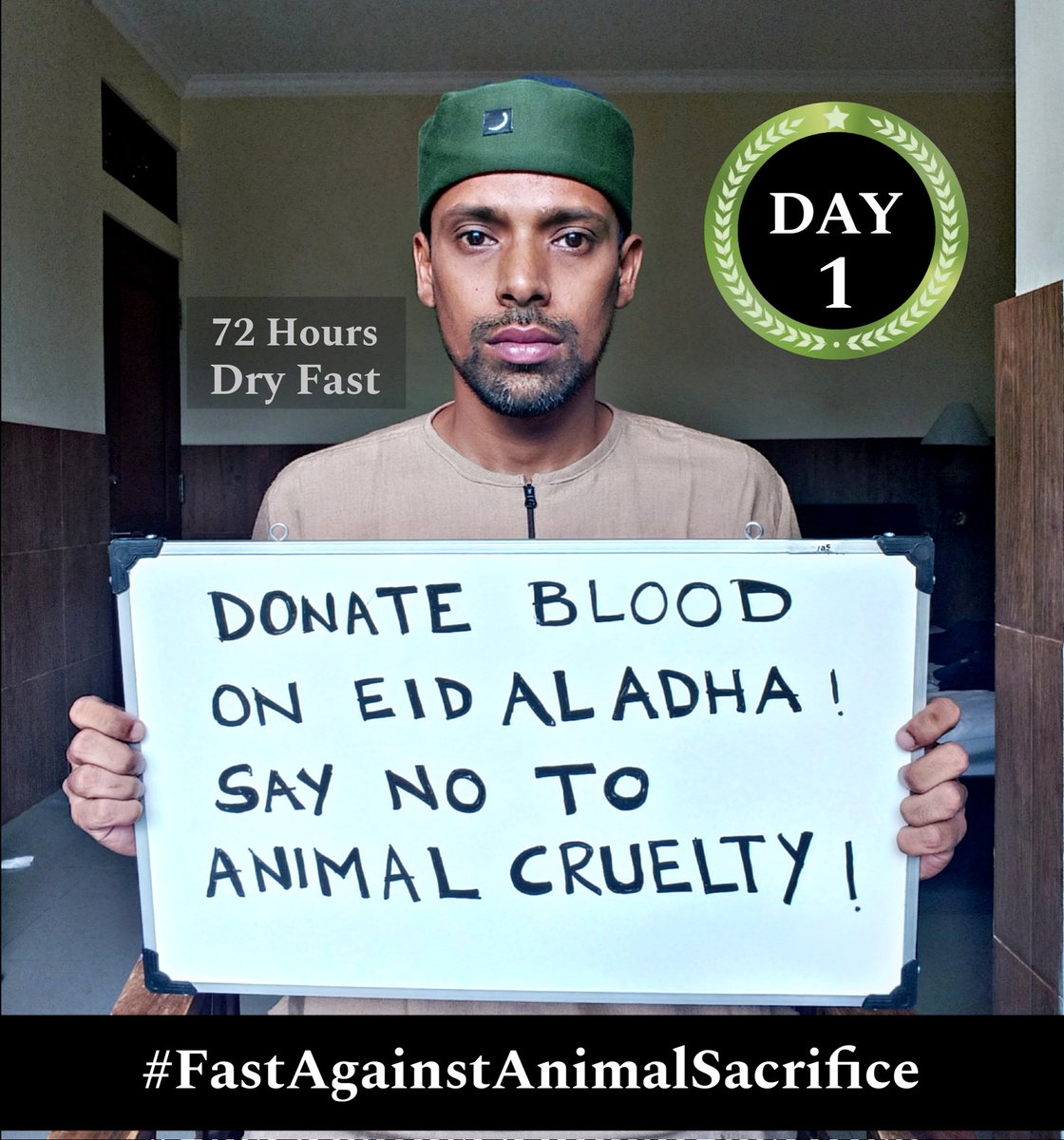 VeganProphet's tweet photo. I have completed the first 24 hours of my #FastAgainstAnimalSacrifice campaign, with 48 more to go. I am fasting in solidarity with all the animals who are starved and cruelly transported for Eid. Todayโs message is clear : Donate Blood On Eid Al Adha!! Say No To Animal Cruelty. https://t.co/FJKkOsiGFj