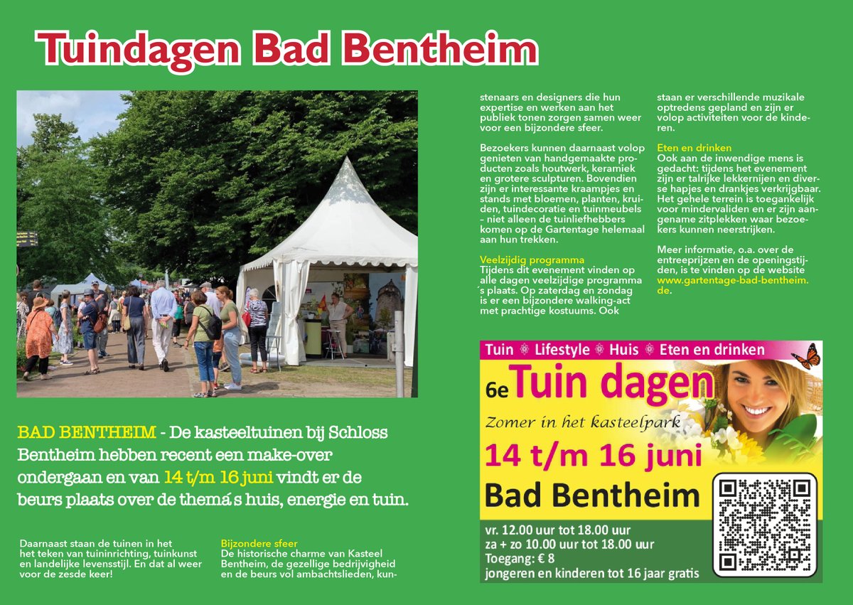 Tuindagen Bad Bentheim 
14 t/m 16 juni 

Beurs  met thema's huis, energie en tuinen in bijzondere sfeer bij Kasteel Bentheim 
gartentage-bad-bentheim.de 
twentejournaal.nl/artikel/44548-…

#tuin #platteland #kasteel #tuindecoratie #kinderen #terras #badbentheim #twenterand #wierden #tubbergen