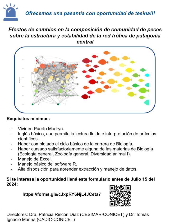 ECOmplex Lab (@ecomplex_lab) on Twitter photo 🚨Pasantía y/o Tesis de Grado🚨
Buscamos estudiante avanzado de Biología de la <a href="/unpsjb_madryn/">UNPSJB Puerto Madryn</a> que le interese hacer una pasantía con oportunidad de tesis de grado estudiando #peces y #RedesTróficas
Postulaciones hasta el 15 de julio🗓️ 🚨Pasantía y/o Tesis de Grado🚨
Buscamos estudiante avanzado de Biología de la <a href="/unpsjb_madryn/">UNPSJB Puerto Madryn</a> que le interese hacer una pasantía con oportunidad de tesis de grado estudiando #peces y #RedesTróficas
Postulaciones hasta el 15 de julio🗓️