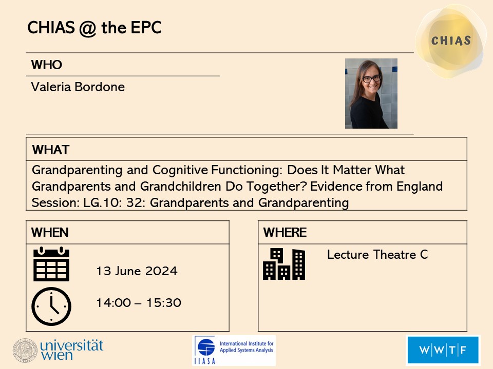 CHIAS_project's tweet photo. Coming up at #EPC2024, Session 32 on Grandparents and Grandparenting with @ValeriaBordone https://t.co/9Q2e9819IS