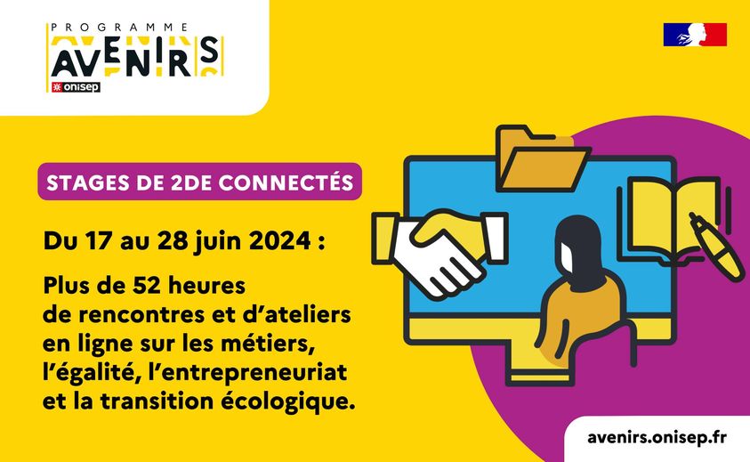 #𝐒𝐭𝐚𝐠𝐞𝐬 𝐝𝐞 𝟐𝐝𝐞 𝐜𝐨𝐧𝐧𝐞𝐜𝐭é𝐬 Du 17 au 28 juin, l’#Onisep et ses partenaires proposent aux élèves de 2de GT qui n'ont pas trouvé de stage, deux semaines de visioconférences dédiées à la découverte des #métiers et des #formations 
ow.ly/7iqU50S03UN