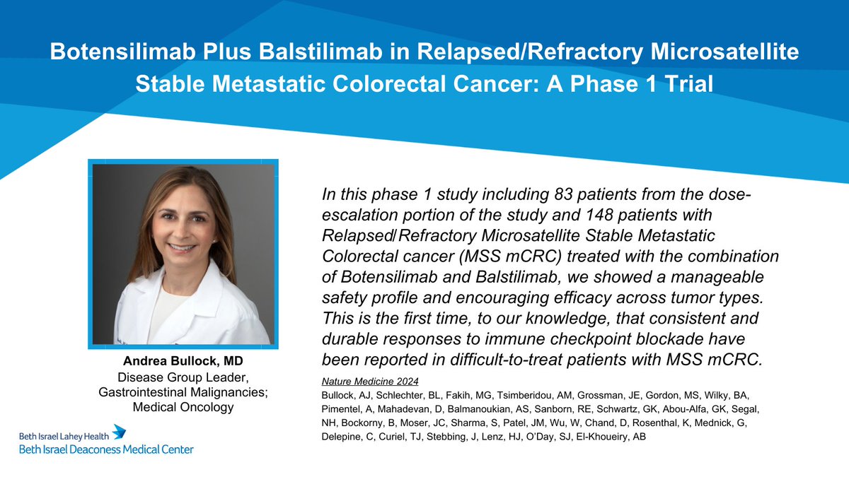 BIDMC Cancer Center (@bidmc_cancerctr) on Twitter photo 🔥Hot off the press📰Andrea Bullock, MD <a href="/BIDMC_Medicine/">BIDMC Department of Medicine</a> et al <a href="/NatureMedicine/">Nature Medicine</a>: "Botensilimab Plus Balstilimab in R/R MSS mCRC: A Phase 1 Trial".
▶️BOT+BAL combo: manageable safety profile + encouraging clinical activity #ColorectalCancer #ClinicalTrial #CancerResearch #MedTwitter 🔥Hot off the press📰Andrea Bullock, MD <a href="/BIDMC_Medicine/">BIDMC Department of Medicine</a> et al <a href="/NatureMedicine/">Nature Medicine</a>: "Botensilimab Plus Balstilimab in R/R MSS mCRC: A Phase 1 Trial".
▶️BOT+BAL combo: manageable safety profile + encouraging clinical activity #ColorectalCancer #ClinicalTrial #CancerResearch #MedTwitter