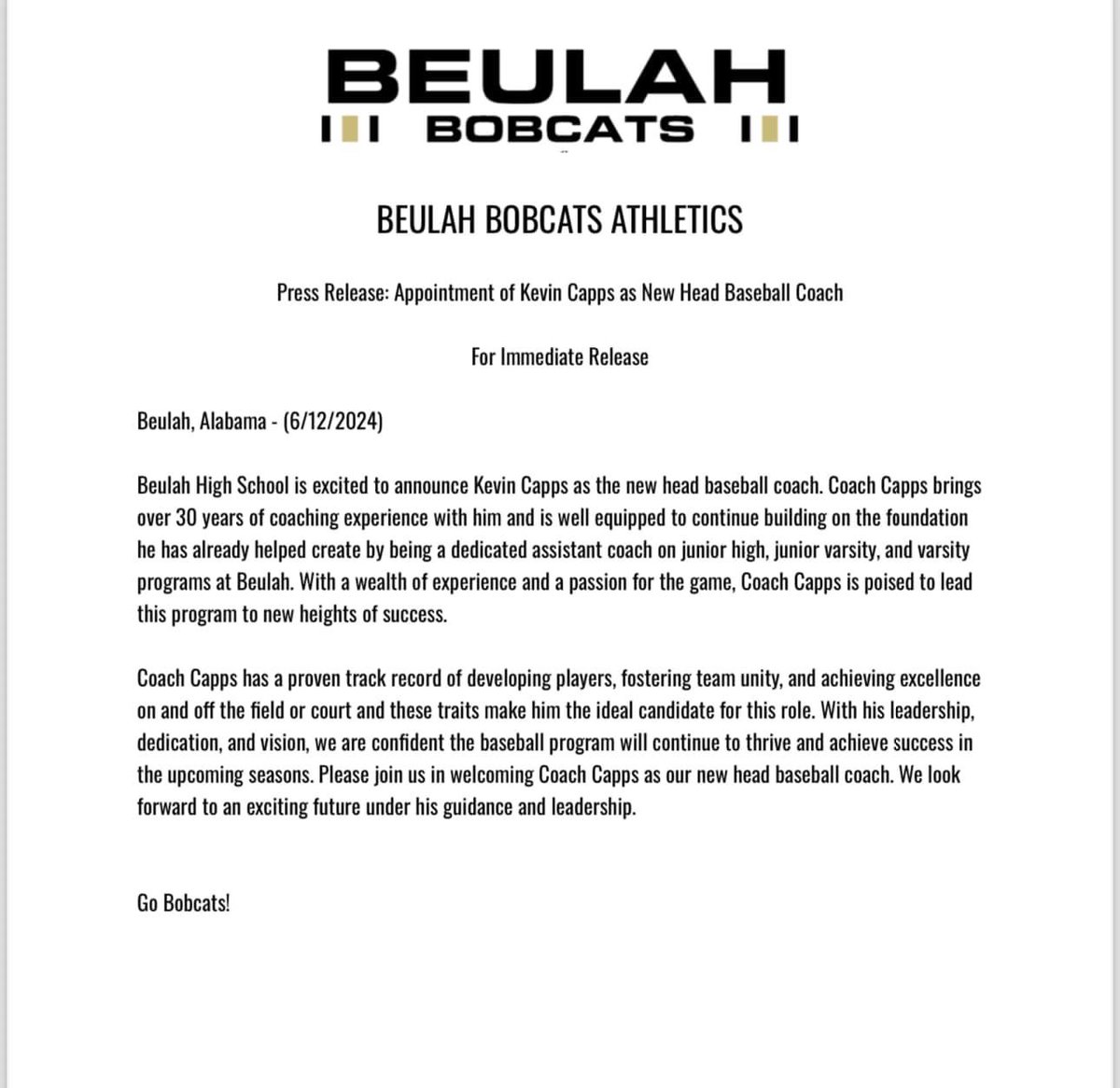 Beulah High School (@beulahhigh_) on Twitter photo For immediate release: Kevin Capps named Varsity Baseball Coach. #GettingBetterEveryday
<a href="/ONTHEDMARK1/">D. MARK Mitchell</a> <a href="/StricklandPacey/">Pacey Strickland</a> <a href="/JPattersonTV/">Jack Patterson</a> <a href="/TonyReeseTV/">Tony Reese</a> For immediate release: Kevin Capps named Varsity Baseball Coach. #GettingBetterEveryday
<a href="/ONTHEDMARK1/">D. MARK Mitchell</a> <a href="/StricklandPacey/">Pacey Strickland</a> <a href="/JPattersonTV/">Jack Patterson</a> <a href="/TonyReeseTV/">Tony Reese</a>