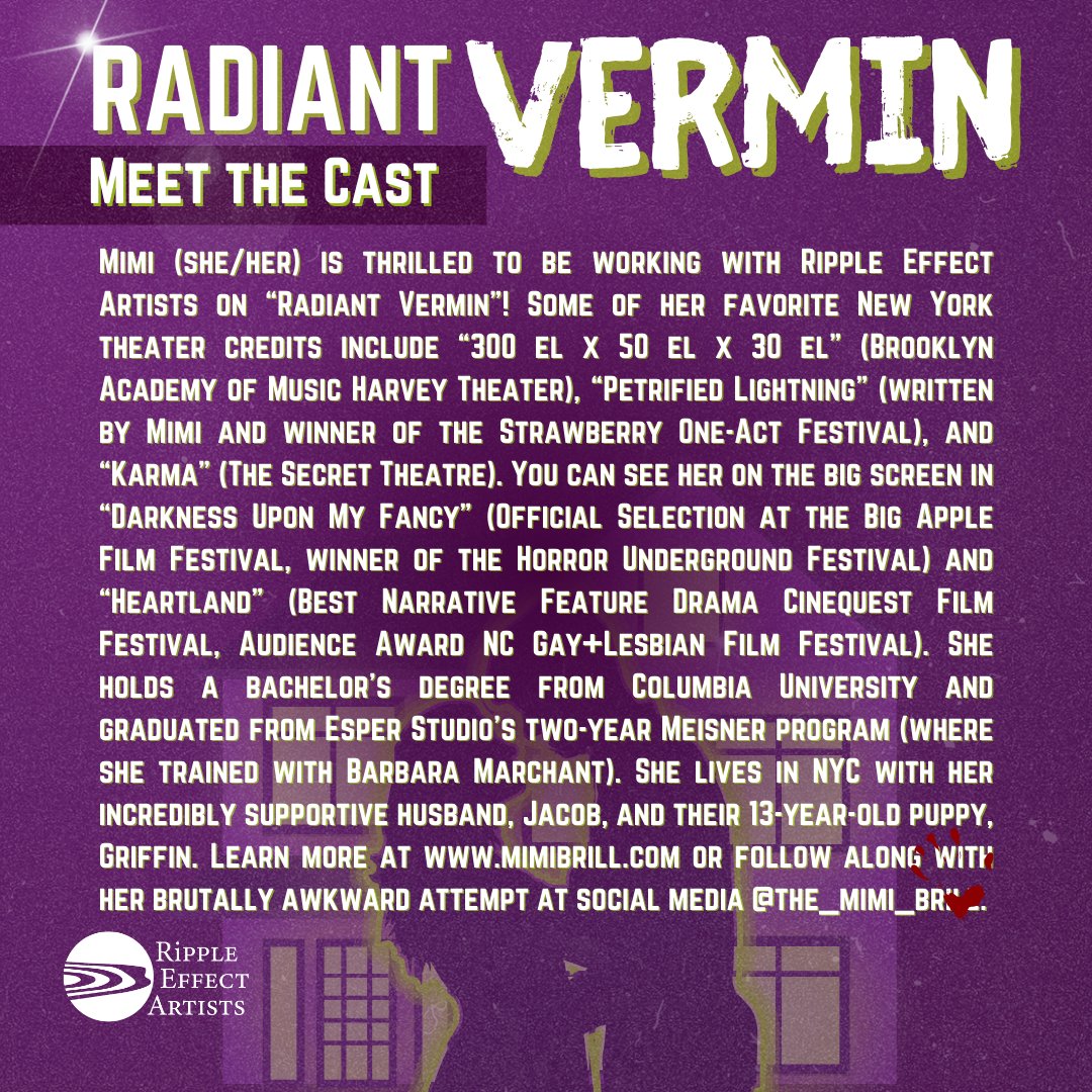 rippleeffectart's tweet photo. Mimi Brill is ‘Jill’ in this season’s production of Philip Ridley’s “Radiant Vermin.” Come out and see Brill and her cast mates navigate this season’s topic, homelessness, through the lens of Ridley’s dynamic depiction of the lengths we’ll go to for our dream homes. https://t.co/ZZr5laxkpr