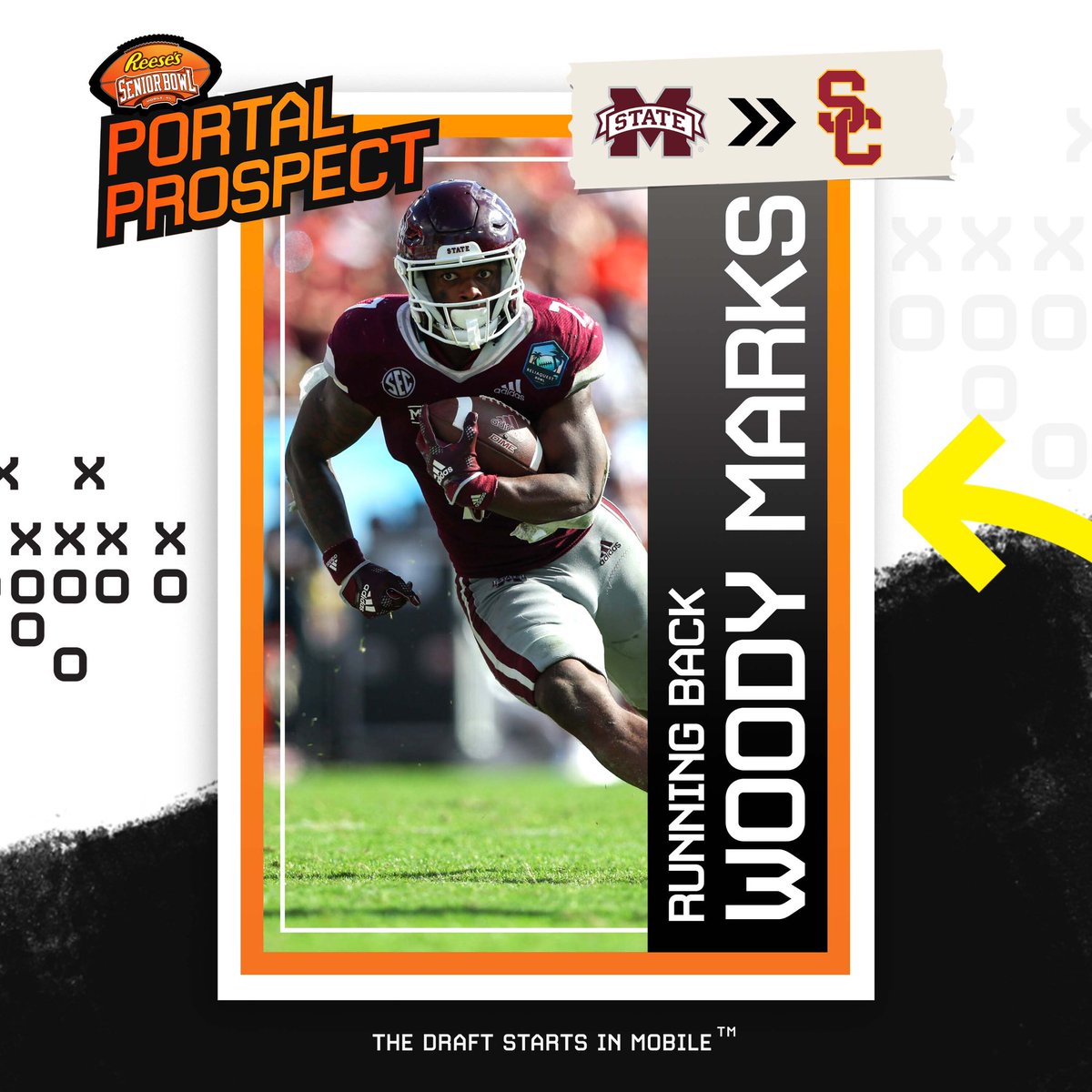 JimNagyOU's tweet photo. USC had a huge hole on offense this past offseason when @seniorbowl alum & eventual #GoPackGo third-rounder Marshawn Lloyd departed but Trojans filled it with perhaps best possible replacement in former Mississippi State workhorse Woody Marks.

We were prepared to invite Marks to Mobile last year but when we reached out to Mississippi State staff he was already headed to @uscfb..

As you can see from video below, @JoquaviousMarks will be one of top pass pro backs in 2025 NFL Draft.

When you watch Marks' tape it's impossible not to love the innate aggression & physical toughness he plays with.

@LincolnRiley nailed it again in SEC RB portal market.

#TheDraftStartsInMOBILE™️