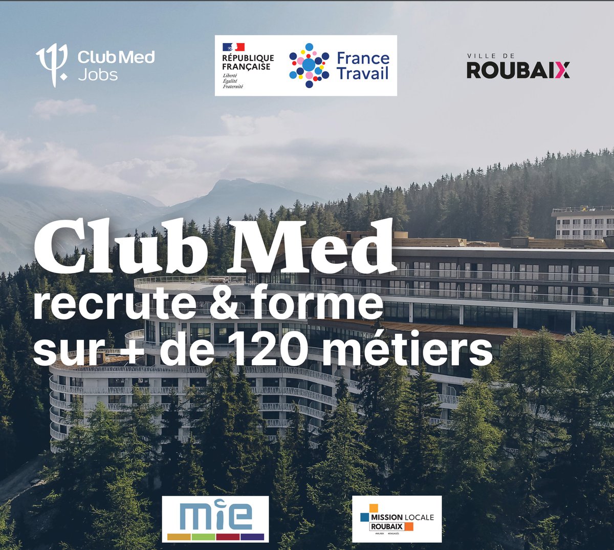 #SaveTheDate 👉 Le <a href="/ClubMedFR/">Club Med France</a> recrute et forme sur + de 120 métiers 🚀 2️⃣ présentations proposées 👇

📅 20 juin à 10h ou à 13h30
📍 mairie de Roubaix - 17 grand place

✅Hôtellerie &amp; restauration, enfance, sports, bien-être et boutique...

En savoir + ▶️ clubmedjobs.com/fr/votre-equip…
