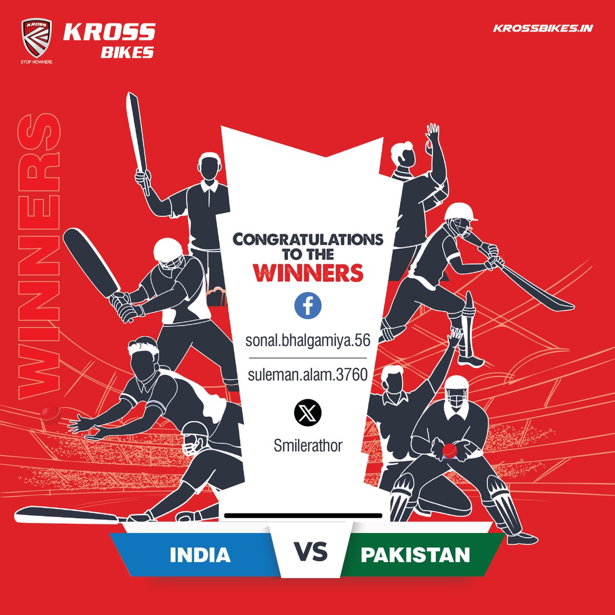 Kross_Bikes's tweet photo. Congratulations to our winners from the India vs Pakistan match contest! 📷
All the winners are requested to DM us your details and address to claim your prizes.

#KrossBikes #WinWithKross #BoundaryBreakers #Winners #Congratulations #ContestWinners #Prizes https://t.co/stmVyfnKeI