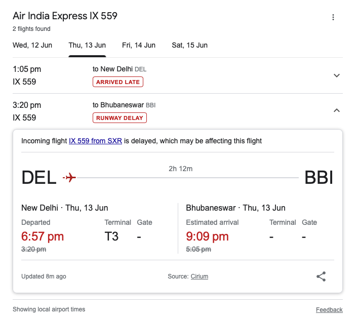 vivekraju93's tweet photo. Air India Express 🤡🤡🤡

Parents flight delayed by 4+ hours because incoming flight delayed. Apparently getting repaired on the 
Delhi runway as per some live complaints on Twitter

PS: That 6:57pm takeoff for IX 559 is false since it hasn't taken off yet at the time of this post