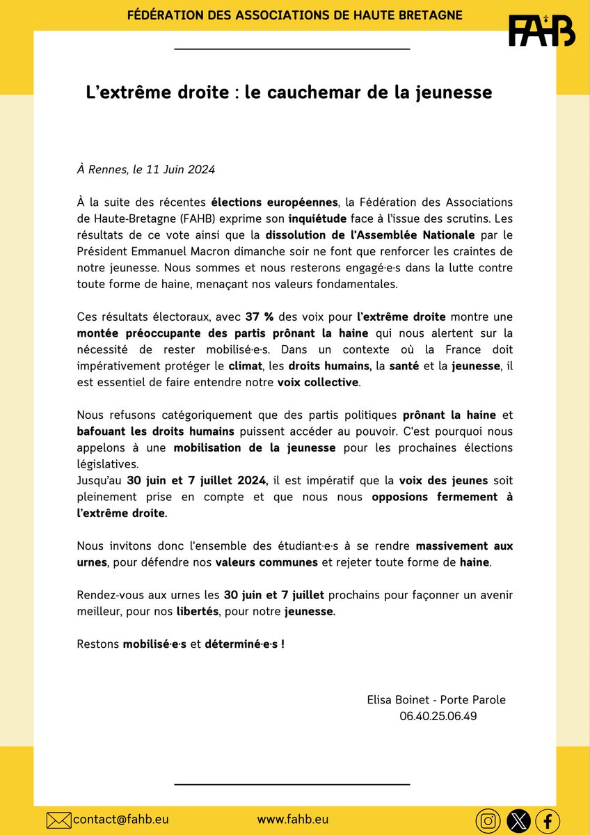 #ElectionsLégislatives2024 

📣 La FAHB appelle à la mobilisation contre les partis prônant la haine ! 

Après l'annonce de la dissolution de l' #AssembléeNationale, la jeunesse doit se mobiliser et voter contre l'extrême droite ❌

Allons voter le 30 juin et le 7 juillet 🗳️