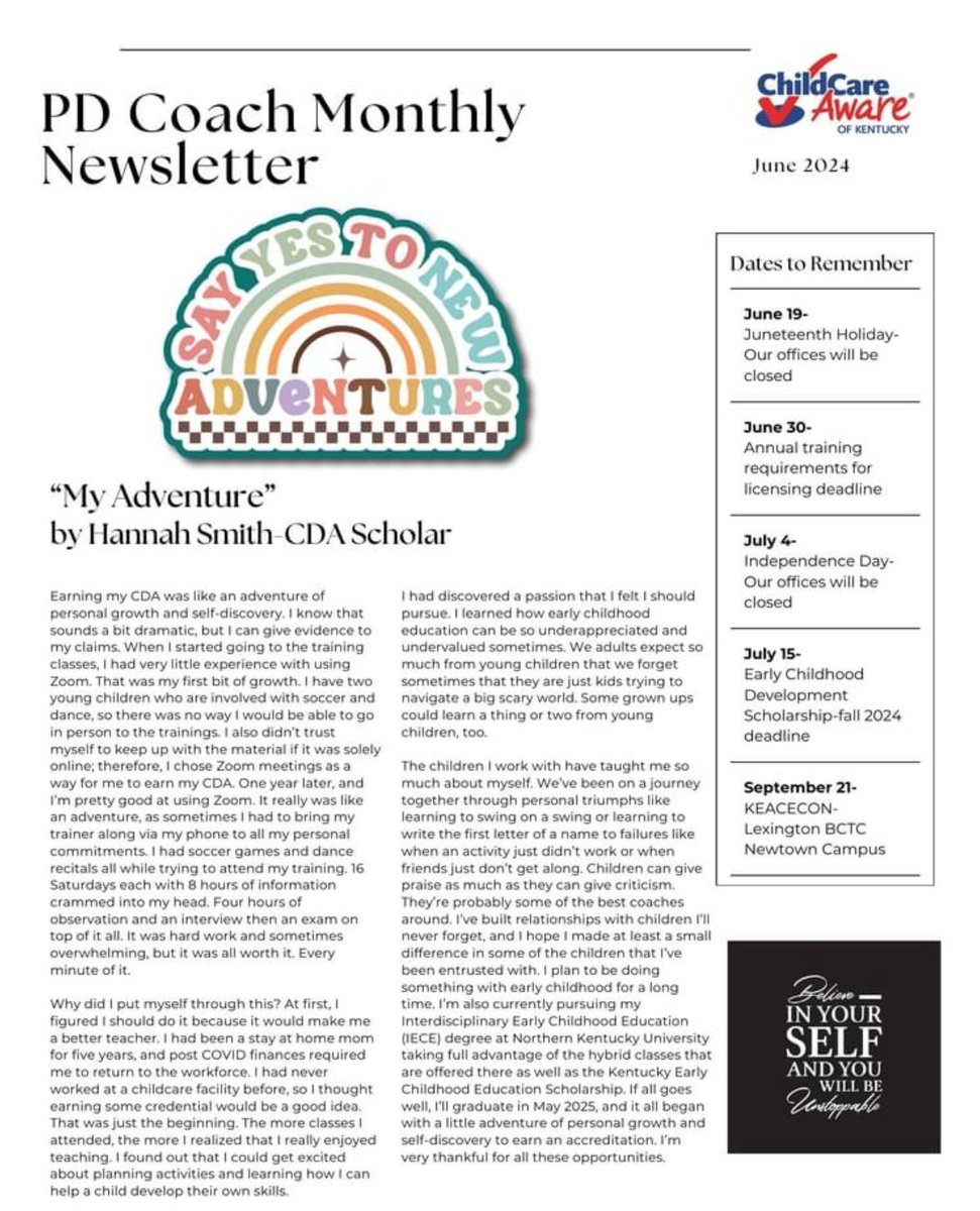 🎉 Congratulations to Hannah Smith! 🎉 Our Early Childhood Education student was recently published in the Childcare Aware June Newsletter. Thank you, Hannah, for sharing your adventure and insights. We're proud of your achievement! 📚✨ #StudentSuccess #EarlyChildhoodEducation