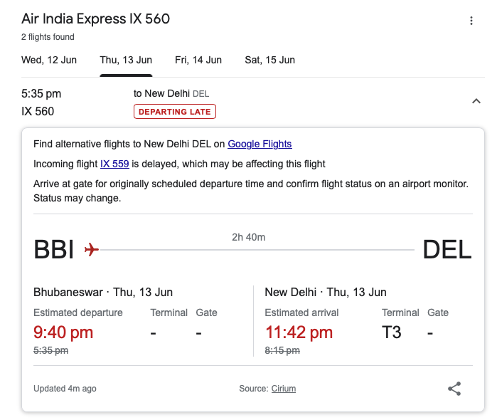 vivekraju93's tweet photo. Air India Express 🤡🤡🤡

Parents flight delayed by 4+ hours because incoming flight delayed. Apparently getting repaired on the 
Delhi runway as per some live complaints on Twitter

PS: That 6:57pm takeoff for IX 559 is false since it hasn't taken off yet at the time of this post