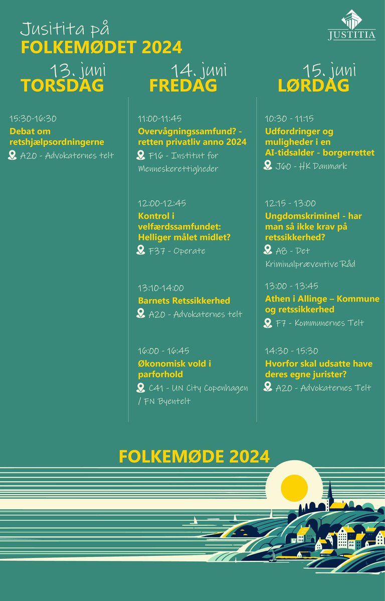 justitiaorg's tweet photo. Velankommet til folkemøde, indleder vi en stribe debatter med et vigtigt emne. Den danske retshjælpsmodel halter og der skal sættes skub i det lovforberedende udvalg, som har været igang siden 2020, men stadig ikke kommet med hverken konklusioner eller anbefalinger. #fm24 https://t.co/72ZdwK1YST