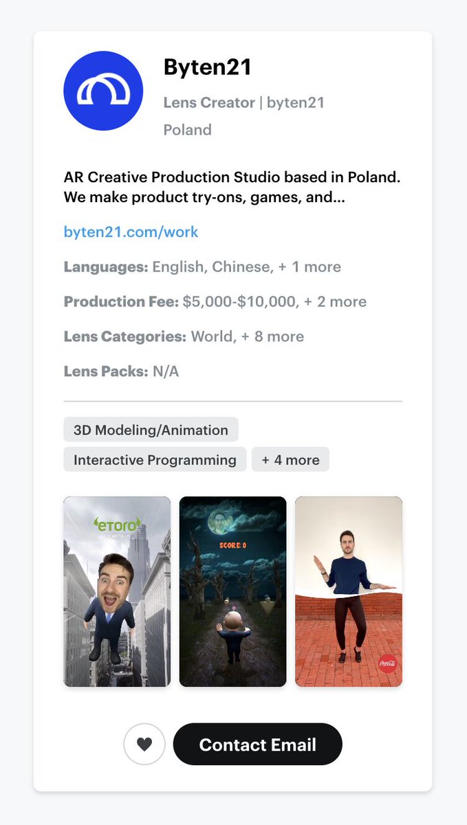Byten21, as a <a href="/Snap/">Snap Inc.</a> AR Partner, is available on the Snapchat Creator Marketplace and 62 other lens providers worldwide.

As an #AR studio producing high-quality lenses on Snapchat, we are thrilled to be part of this rapidly evolving ecosystem. 

#snapchat #lensstudio