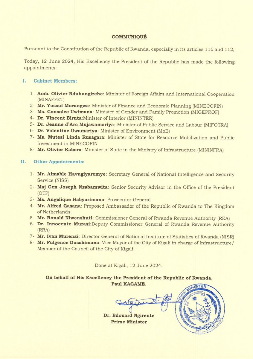 I’m thrilled, honored, and grateful to H.E. President <a href="/PaulKagame/">Paul Kagame</a> for promoting me to Director General <a href="/statisticsRW/">National Institute of Statistics of Rwanda</a>. I am dedicated to building on the accomplishments of previous years and giving my best in this role.