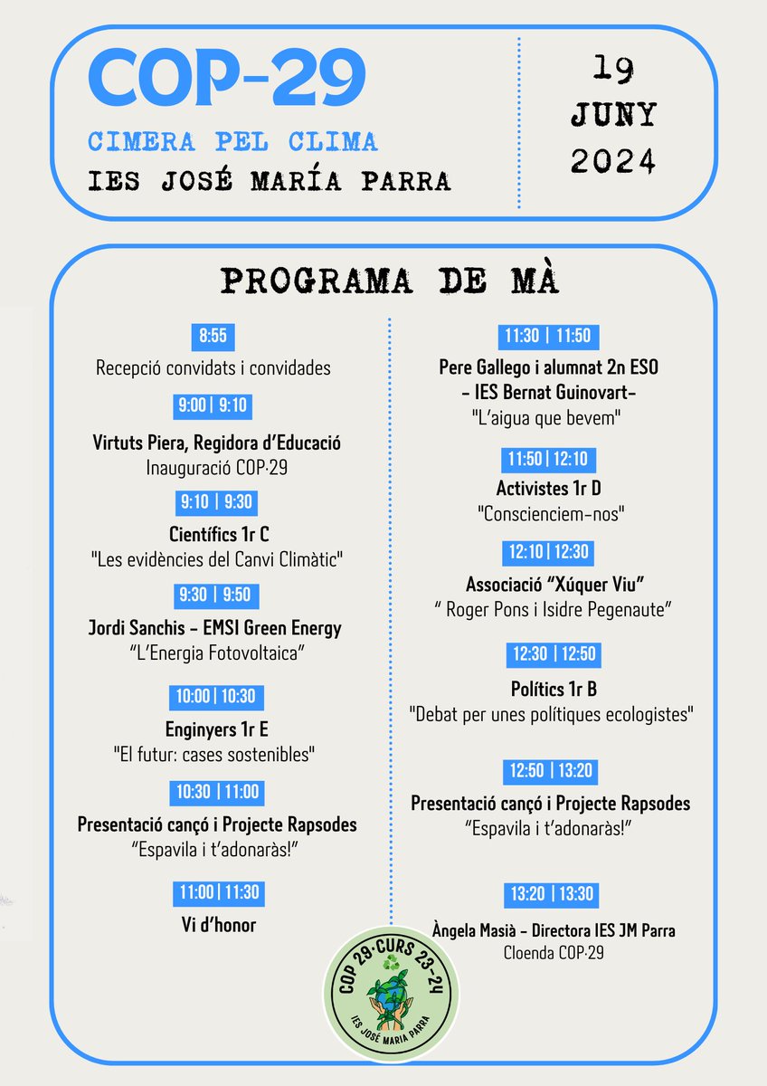 Segona edició Cimera pel Clima: COP29. Treball d'àmbits sociolingüístic i musical amb el científic i tecnològic. Emergència climàtica des de la interdisciplinarietat que els àmbits permeten. Esperem siga un aprenentatge que marque la seua formació ciutadana.