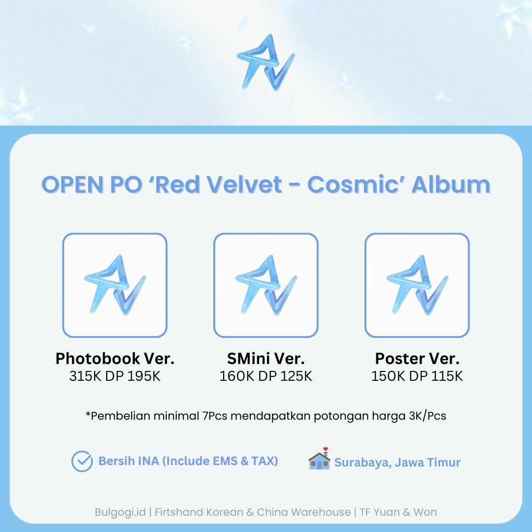 🪐 Open PO Album Red Velvet - Cosmic  By Bulgogi 🪐

⏰ Close PO : 20 JUNI 2024
📨 Order klik link dibawah
s.id/RVCosmicBulgogi

✅ Bersih INA 
❌ Fee Packing
❌ Rolled Poster
💳 BCA/Spay/Mandiri/QRIS
🏠 Surabaya