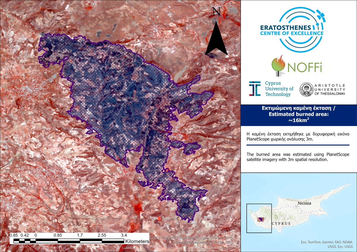 ERATOSTHENES Centre of Excellence (@eratosthenescoe) on Twitter photo Η πρώτη εκτίμηση της καμένης έκτασης στην επαρχία Πάφου ανέρχεται σε 15,94 τ.χλμ. Δορυφορικά δεδομένα από το <a href="/ERATOSTHENESCoE/">ERATOSTHENES Centre of Excellence</a> του <a href="/CyUniTech/">Cyprus University of Technology</a> και το <a href="/Auth_University/">Αριστοτέλειο Πανεπιστήμιο Θεσσαλονίκης</a> . Η φωτιά ξέσπασε στις 11/6 και η εκτίμηση βασίζεται σε εικόνα από τις 12/6.
#EratosthenesCoE #fire #paphos Η πρώτη εκτίμηση της καμένης έκτασης στην επαρχία Πάφου ανέρχεται σε 15,94 τ.χλμ. Δορυφορικά δεδομένα από το <a href="/ERATOSTHENESCoE/">ERATOSTHENES Centre of Excellence</a> του <a href="/CyUniTech/">Cyprus University of Technology</a> και το <a href="/Auth_University/">Αριστοτέλειο Πανεπιστήμιο Θεσσαλονίκης</a> . Η φωτιά ξέσπασε στις 11/6 και η εκτίμηση βασίζεται σε εικόνα από τις 12/6.
#EratosthenesCoE #fire #paphos