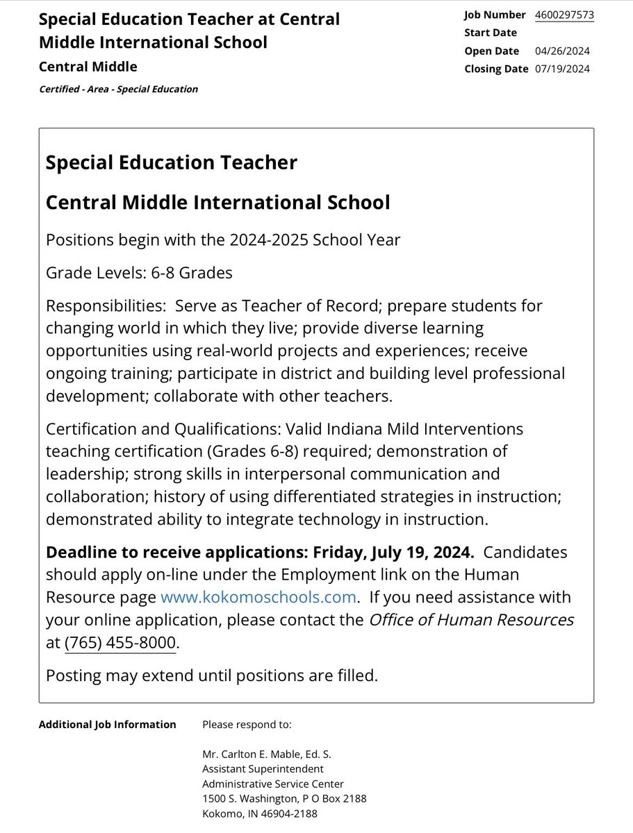 Enjoy working with kids? Want to work in a dynamic, exciting work environment? Consider joining our team at Central Middle International School. Bachelor’s required…on the job training, mentor provided, and supportive staff and admin! #BetterTogether #ProudtobeKSC