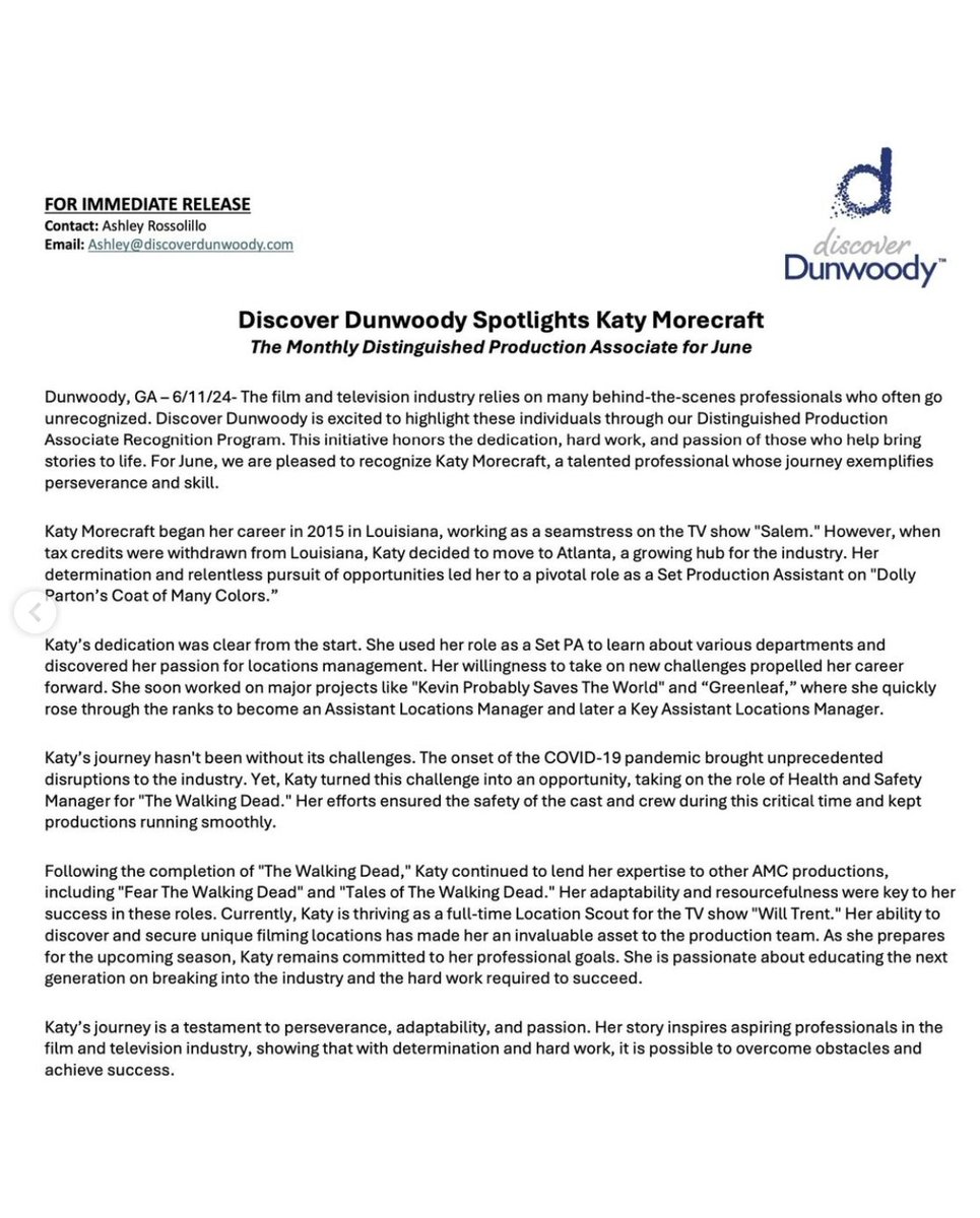 GA_Production's tweet photo. 🍑🎬 @VisitDunwoody 

Spotlights @KatyMorecraft 🎥👍

As the Monthly Distinguished Production Associate for June 2024 

#gafilm #georgia #business #filming #creativity #FilmIndustry #Perseverance #dunwoody #dunwoodyga #dunwoodygeorgia https://t.co/eLwp65JxtB