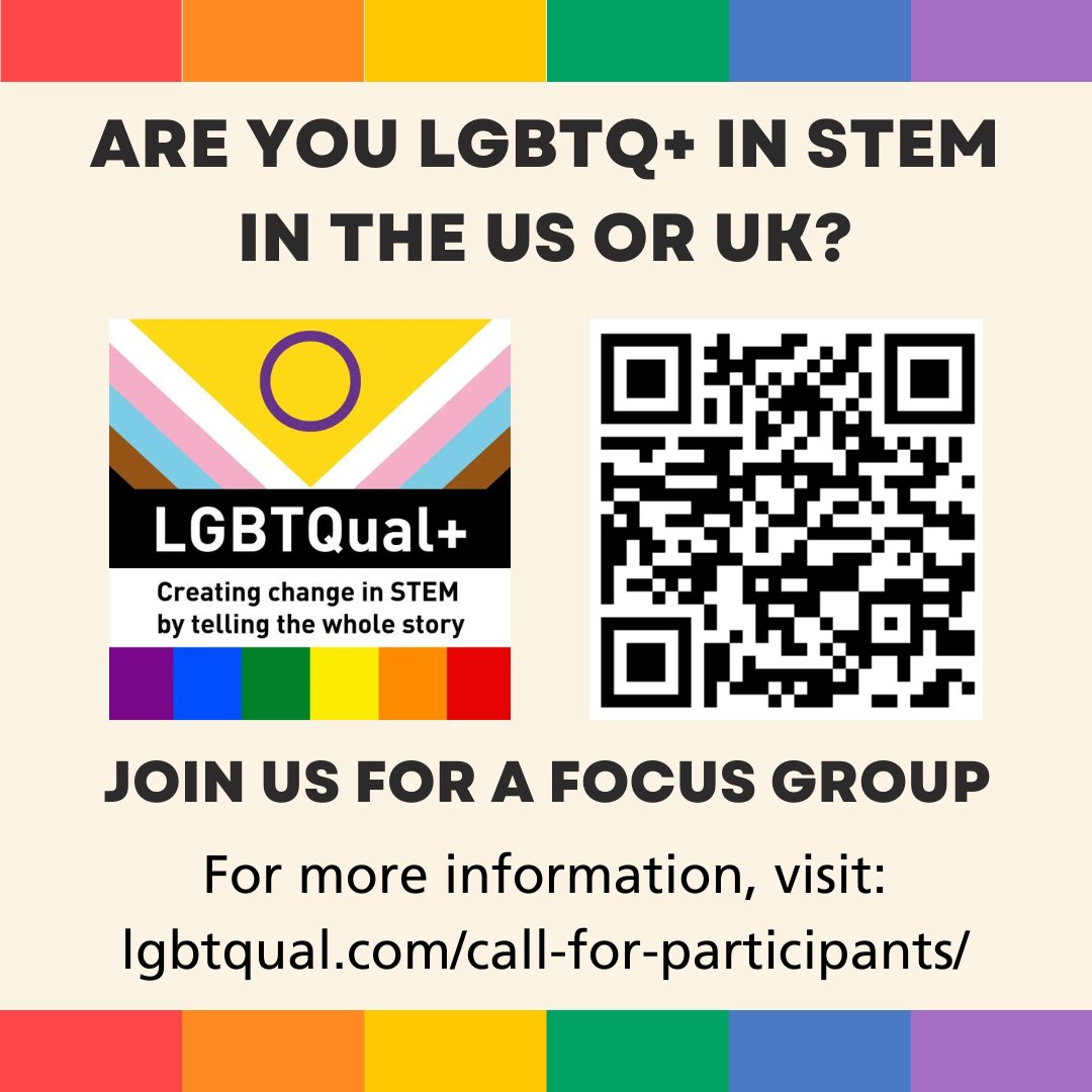 Follow @jessgagnon on bluesky (@jess_gagnon) on Twitter photo Pls RT
Calling LGBTQ+ people in STEM in the UK
Join an @LGBTQUAL online focus group
lgbtqual.com/call-for-parti…
Tue 18 June at 2pm
Funded by <a href="/RoySocChem/">Royal Society of Chemistry</a> <a href="/UKSINet/">UK Science & Innovation Network</a> <a href="/SciTechgovuk/">Department for Science, Innovation and Technology</a>
& focused on retaining #LGBTQ+ talent in #STEM #LGBTQinSTEM #PrideInSTEM #OutInSTEM #QueerInSTEM Pls RT
Calling LGBTQ+ people in STEM in the UK
Join an @LGBTQUAL online focus group
lgbtqual.com/call-for-parti…
Tue 18 June at 2pm
Funded by <a href="/RoySocChem/">Royal Society of Chemistry</a> <a href="/UKSINet/">UK Science & Innovation Network</a> <a href="/SciTechgovuk/">Department for Science, Innovation and Technology</a>
& focused on retaining #LGBTQ+ talent in #STEM #LGBTQinSTEM #PrideInSTEM #OutInSTEM #QueerInSTEM