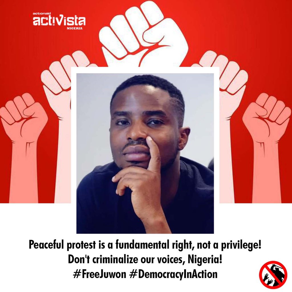 Peaceful protest is a fundamental right, not a privilege !

Don’t criminalize our voice ! 

#FreeTheActivista3
#FreeJuwonNow
#ProtestIsNotaCrime
#June12Protest
#DCA
#DemocracyDay