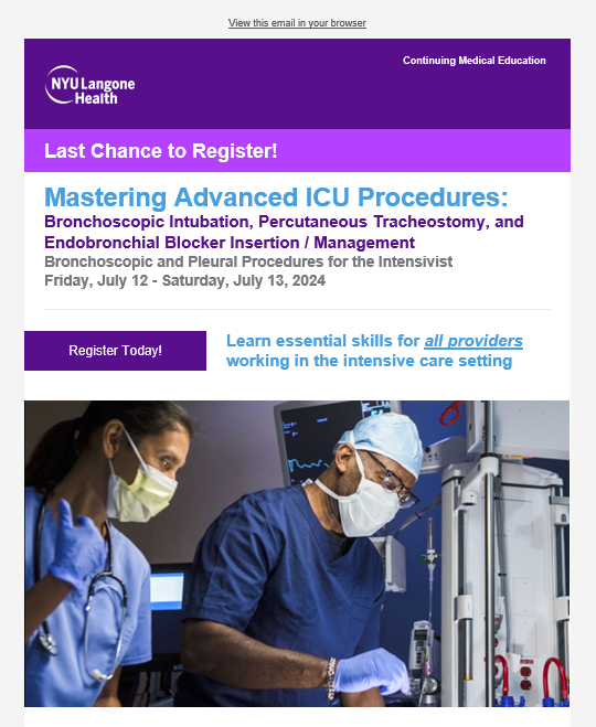 lemery_mph's tweet photo. **Last chance to register!**  Gain hands-on experience in ICU procedures—endobronchial blocker insertion, bronchoscopic intubation &amp; more:

📢 Bronchoscopic &amp; Pleural Procedures for the Intensivist
🌐 Fri 7/12 in-person or virtual 
📍 Sat 7/13 in-person
🔗https://t.co/RTABrOEDhA https://t.co/3WiP6hMzxP