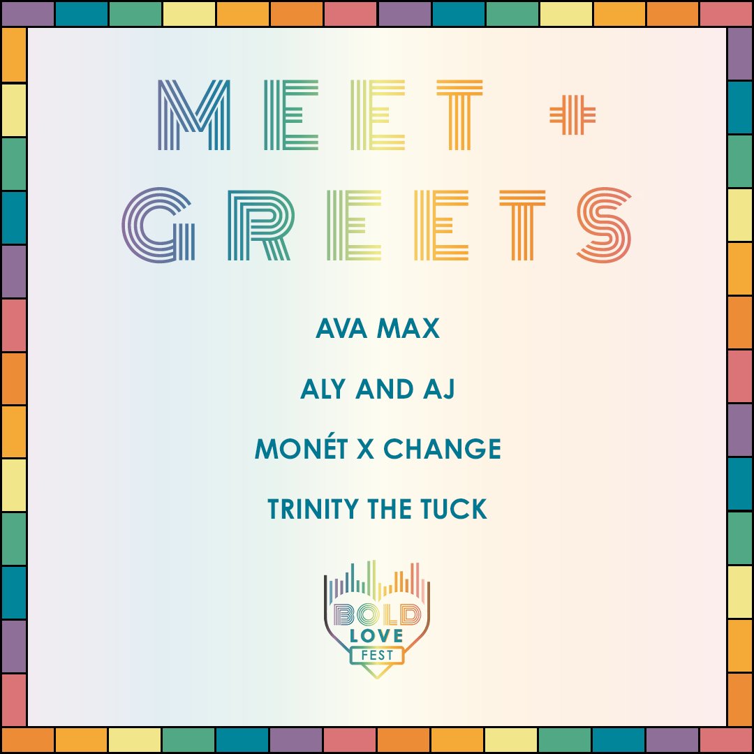 boldlovefest's tweet photo. SURPRISE!!! Meet &amp; greets are now available for purchase! There are only 10 per artist so act fast! 🤩🤝

❤️ Ava Max: https://t.co/8NRW4ZgO4y
🧡 Aly and AJ: https://t.co/qiaEh2sCjx
💛 Monét X Change: https://t.co/fsXeqIZmig
💖 Trinity the Tuck: https://t.co/aR8hQIW0cA https://t.co/XqkBXCqndB