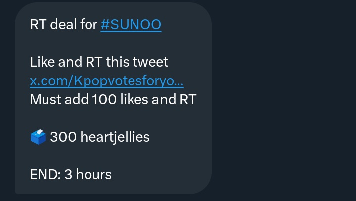 RT deal for #SUNOO 

Like and RT this tweet
x.com/Kpopvotesforyo…
Must add 100 likes and RT

🗳️ 300 heartjellies

END: 3 hours