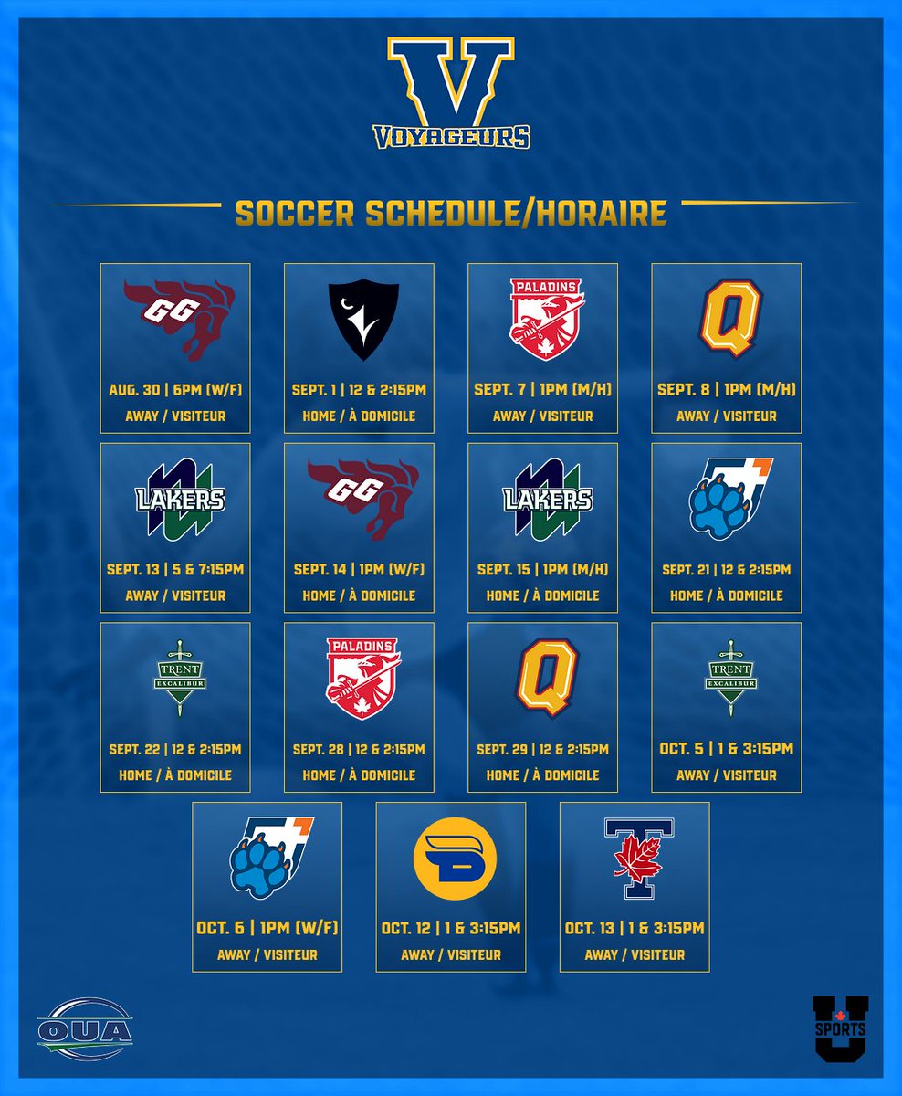 LUVoyageurs's tweet photo. The OUA soccer schedule is out! The women's squad open their season in Ottawa before returning home to join the men in their home opener on Sept. 1st! #fearthenoise https://t.co/U359zUcLQE