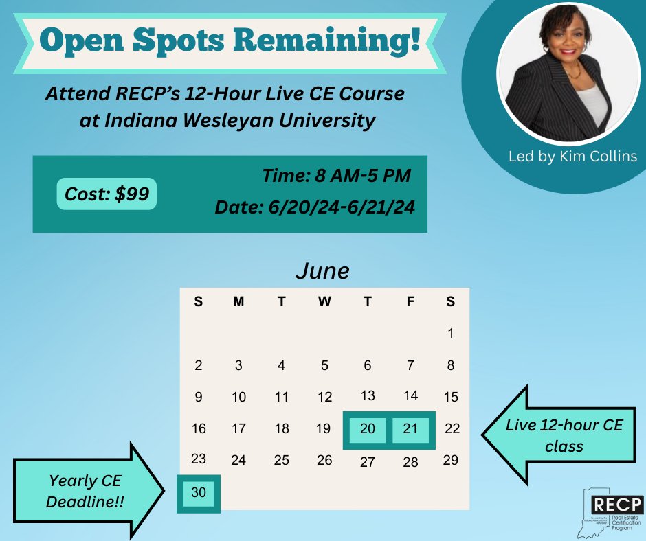 RECPeducation's tweet photo. Attention Brokers and Managing Brokers! 🏠
It's that time of the year to complete your 12 hours of continuing education, and RECP can help! Join our 12-hour Live CE course on June 20th and 21st at Indiana Wesleyan University, led by instructor Kim Collins.
https://t.co/z4l7nn1J0L https://t.co/FoZrllLrVQ