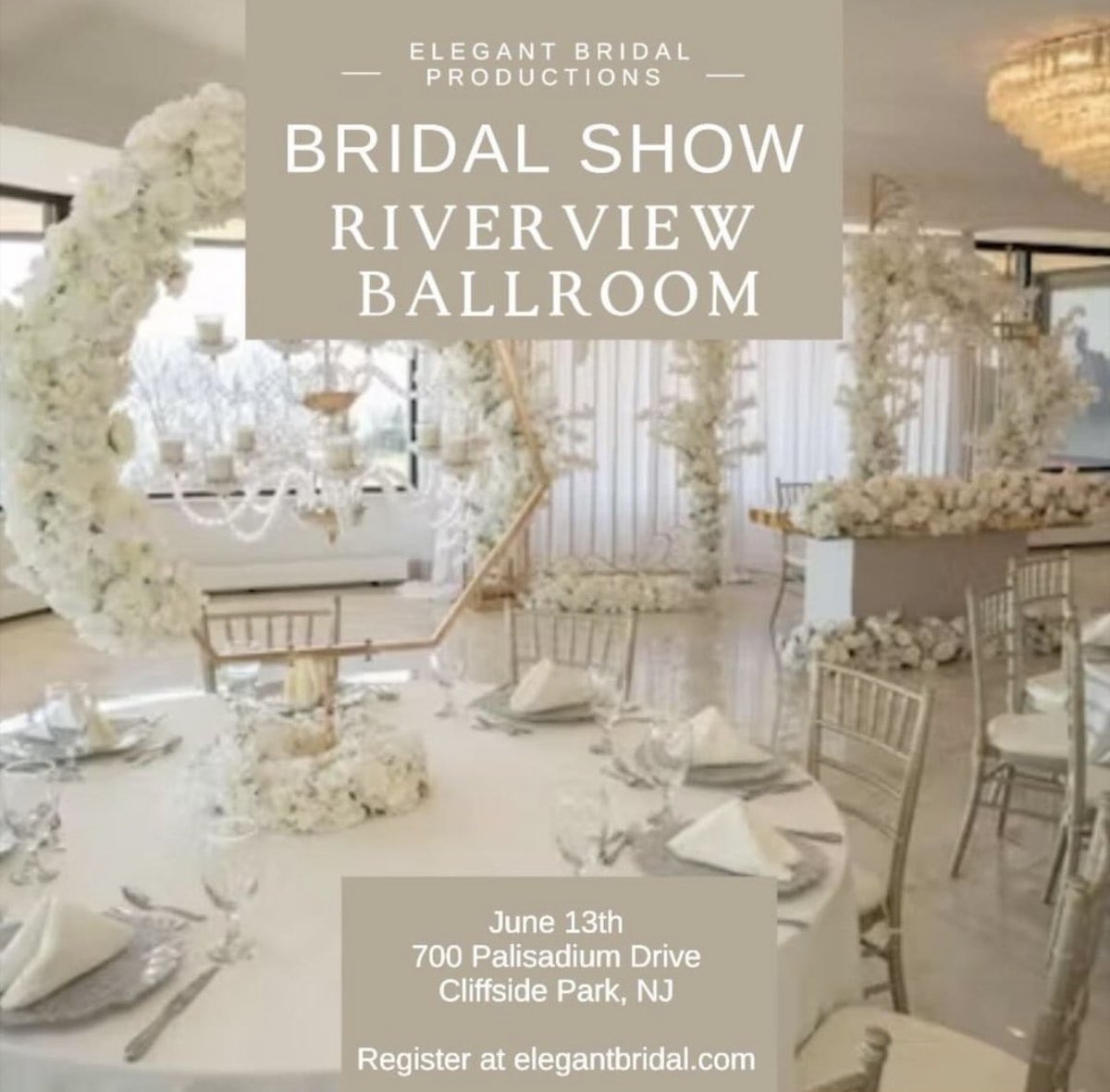 njwedding's tweet photo. TONIGHT, 6/13 (7pm-9pm): BRIDAL SHOW at the Riverview Ballroom in Cliffside Park, NJ, hosted by Elegant Bridal Productions!

https://t.co/sHA7f5rmpg is a proud media sponsor of EBP shows. Visit https://t.co/6fIsumHMV8 and then register to attend…

#njwedding #elegantbridal #nj https://t.co/lPHHlMflIN