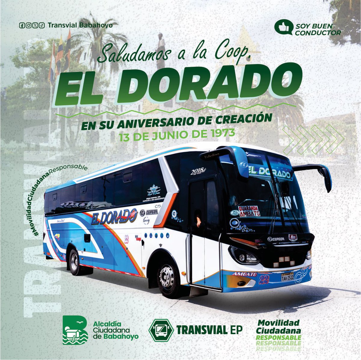🔈Saludamos en sus 5️⃣1️⃣ años a #ElDorado, Coop. de transporte 🚍que brinda servicios en la #TerminalTerrestreBabahoyo.

Destinos: 
✅Montalvo 
✅Balzapamba 
✅San Pablo
✅San Miguel 
✅Chimbo 
✅Guaranda 
✅Ambato
⏰ Frecuencias de 03h30 am a 16h30 
#MovilidadCiudadanaResponsable