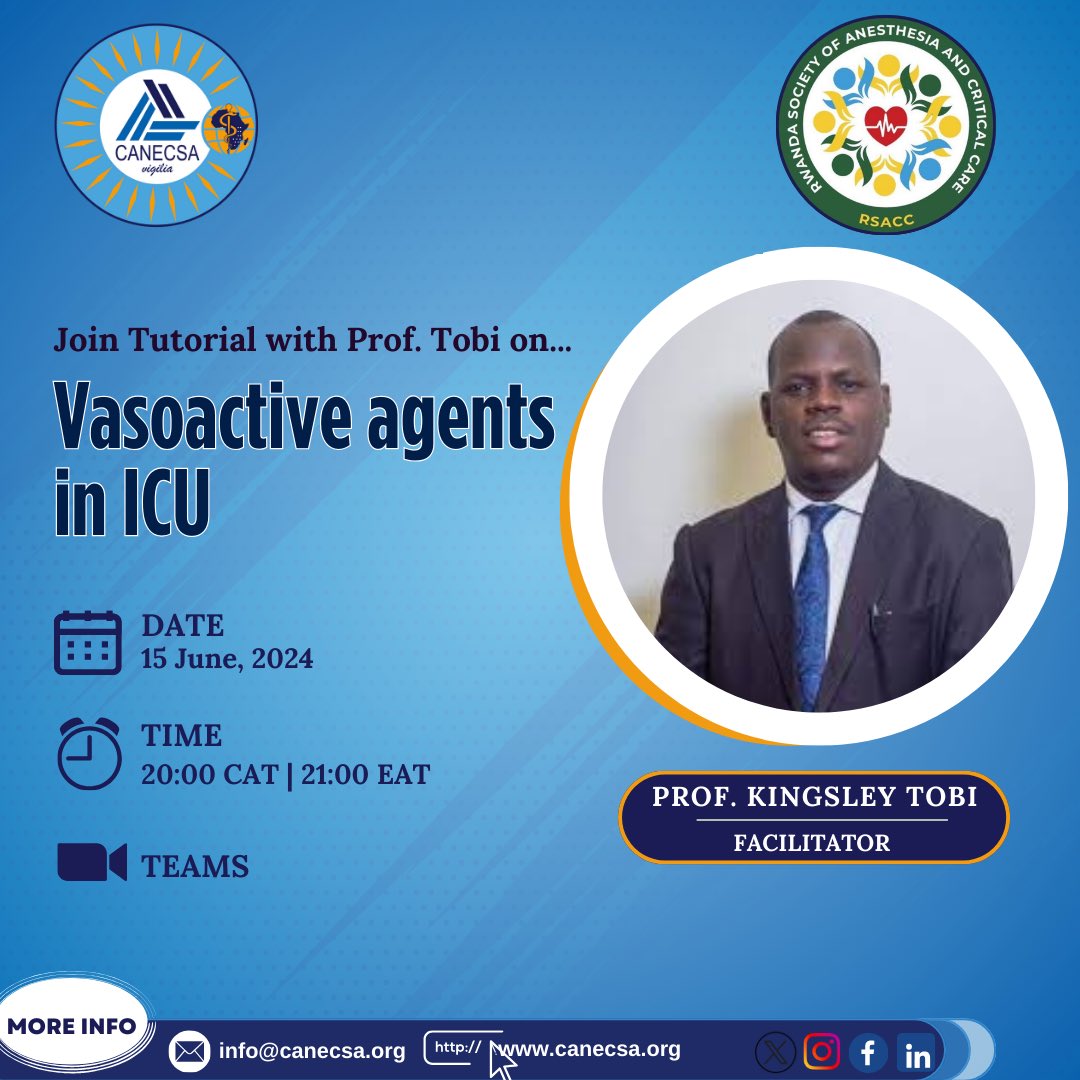Join us on a tutorial series with Prof. Kingsley Tobi on "Vasoactive agents in ICU." Mark your calendar and attend via Teams Meeting

Teams Meeting link&gt;&gt;&gt;teams.live.com/meet/941812509…