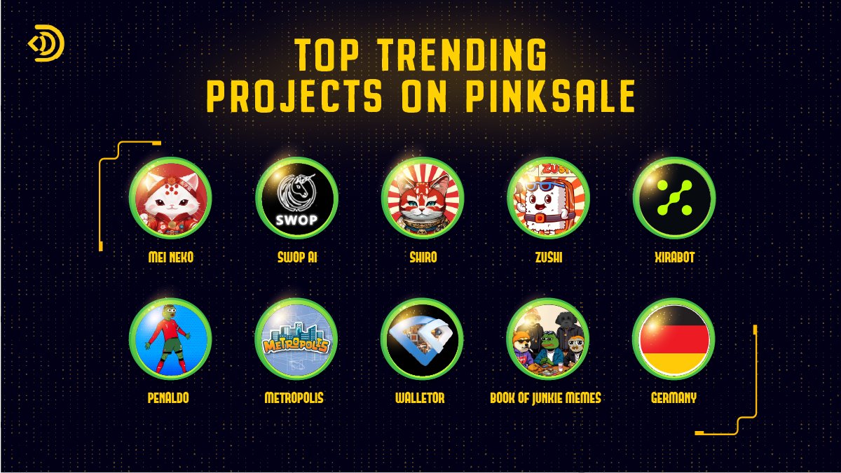 DefiPlace's tweet image. Top 10 Trending Projects on @pinkecosystem !
@MeiNekoSOL
@SwopaiToken
@ShirocoinToken
@ZushiDefi 
@TheXiraBot 
@Penaldomeme
@MetropolisBSC 
@walletorapp
@bookofjunkiemem
@GermanyBsc

#Defiplace #Pinksale #Presale #Memecoin2024 #Crypto #Solana #BSCGemsAlert