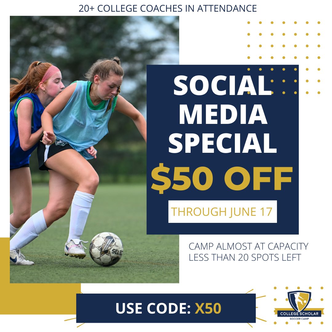 cssoccercamp's tweet photo. Don’t miss out on our social media special! Get $50 off now through June 17 by using the code X50

#soccercamp #soccer #CSSC https://t.co/m8Ua19dKNz