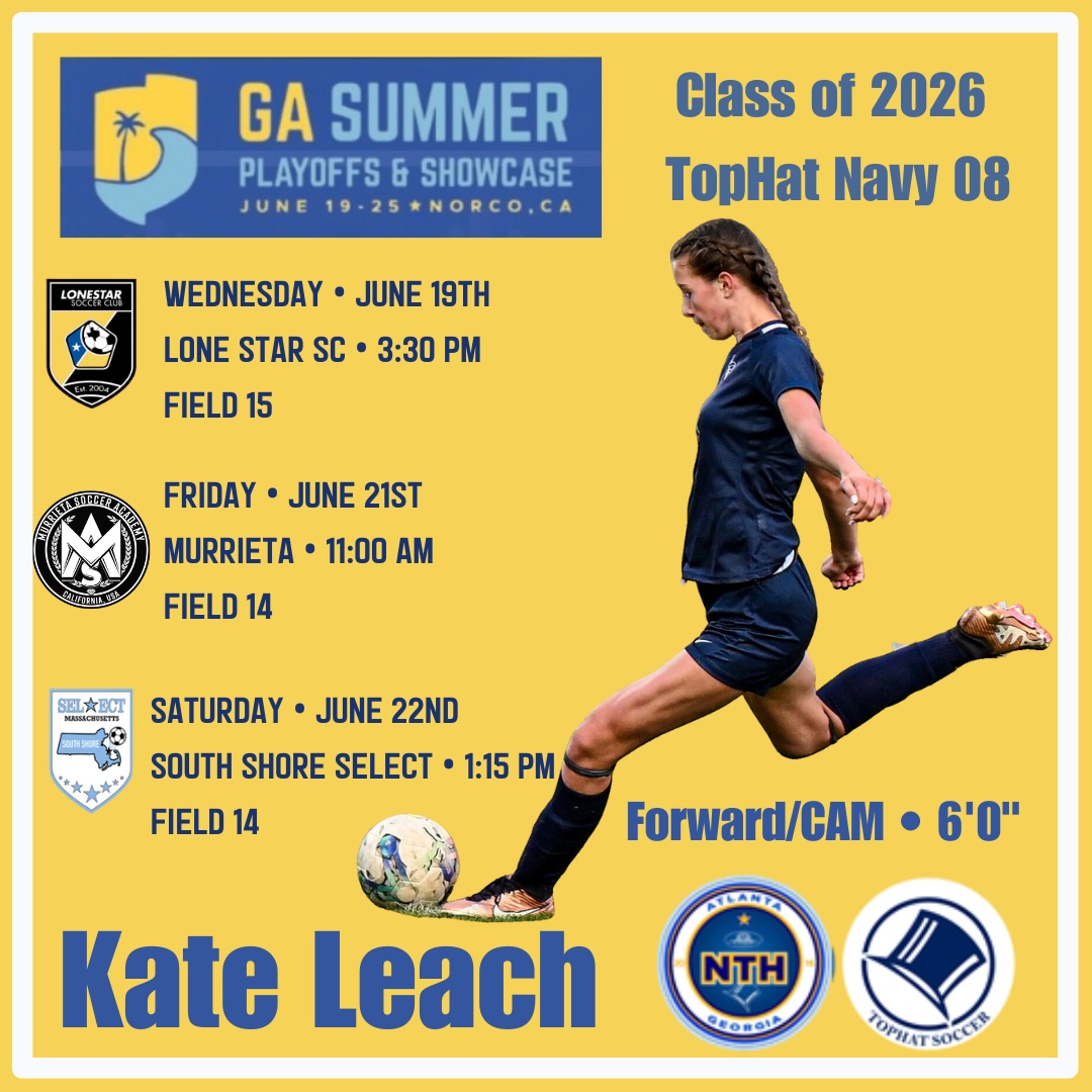 TheSoccerWire's tweet photo. Less than 1 week away from the @GAcademyLeague Playoffs!

Check out the schedules for some SoccerWire Featured Players competing in the event: @KieraSleicher @2026Tamir @kateleach2026 @kaitlynconner08 

#GAPlayoffs