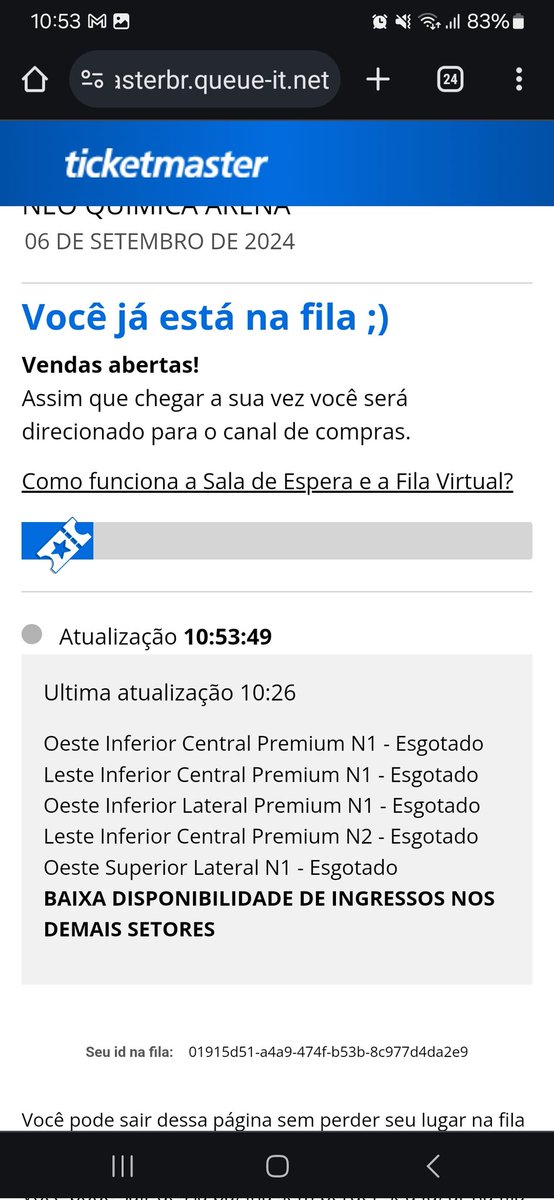 Palpitadeira's tweet photo. Entrei as 10 horas na fila da @Ticketmaster, são 54 minutos de espera e isso aí de resultado. https://t.co/xvDsKP9yUB