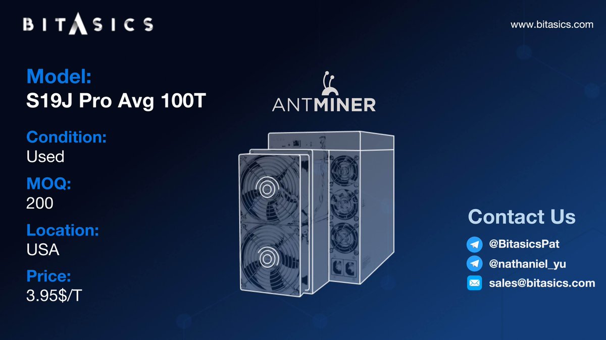 Bitasics's tweet image. Today's Highlight from #Bitasics.
Special pricing for #AntminerS21Pro 234T, #AntminerS19XP 131/134T (Used, In Warranty), #AntminerS19jPro (Used) #Antminer #Bitcoin #BTC
📧sales@bitasics.com