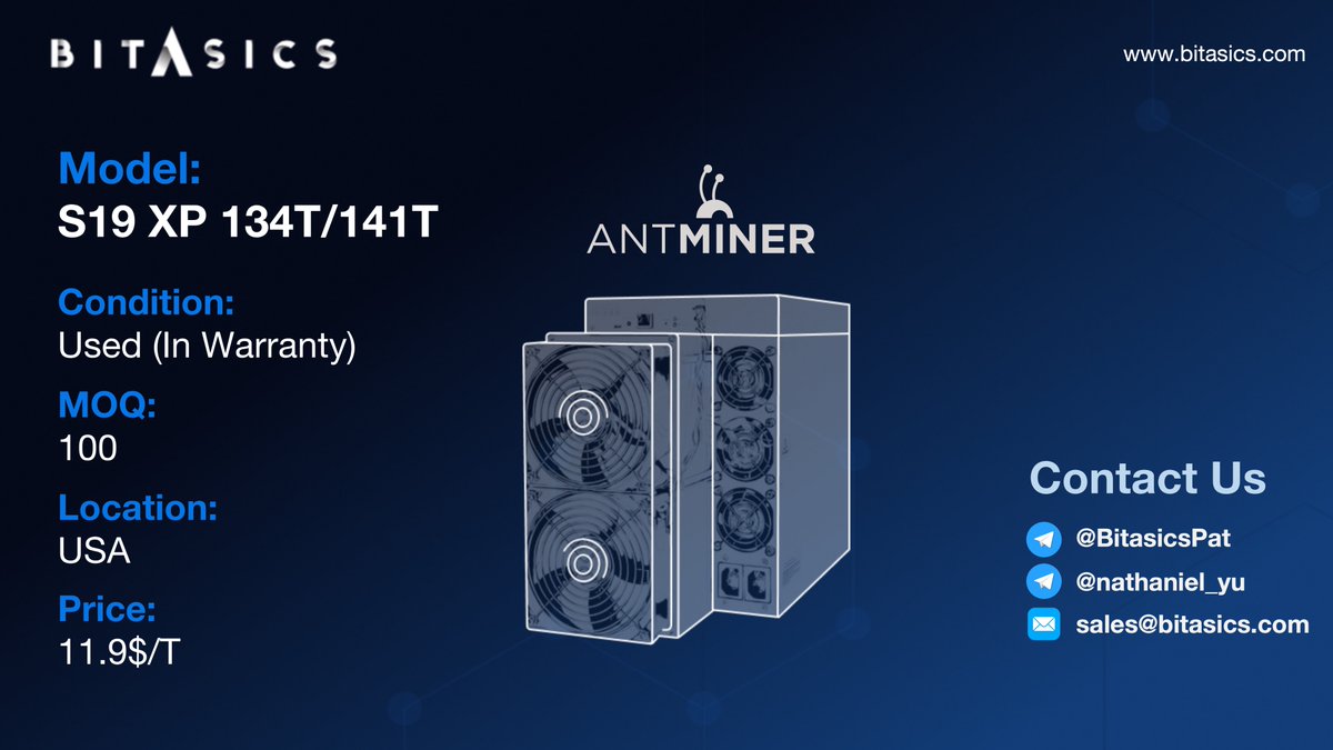 Bitasics's tweet image. Today's Highlight from #Bitasics.
Special pricing for #AntminerS21Pro 234T, #AntminerS19XP 131/134T (Used, In Warranty), #AntminerS19jPro (Used) #Antminer #Bitcoin #BTC
📧sales@bitasics.com