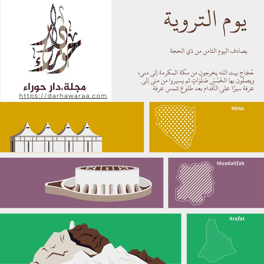 DarHawaraa's tweet photo. يوم التروية هواليوم الثامن من شهر ذي الحجةوسمي بهذا الاسم لأن الناس كانوا يرتوون فيه من الماء في مكةويخرجون به إلى منى حيث كان معدوما في تلك الأيام ليكفيهم حتى اليوم الأخير من أيام الحج وقيل سمي بذلك لأن الله أرى إبراهيم المناسك في ذلك اليوم #حج_1445هـ #مجلة_دار_حوراء_الإلكترونية https://t.co/XiEJE9KBND