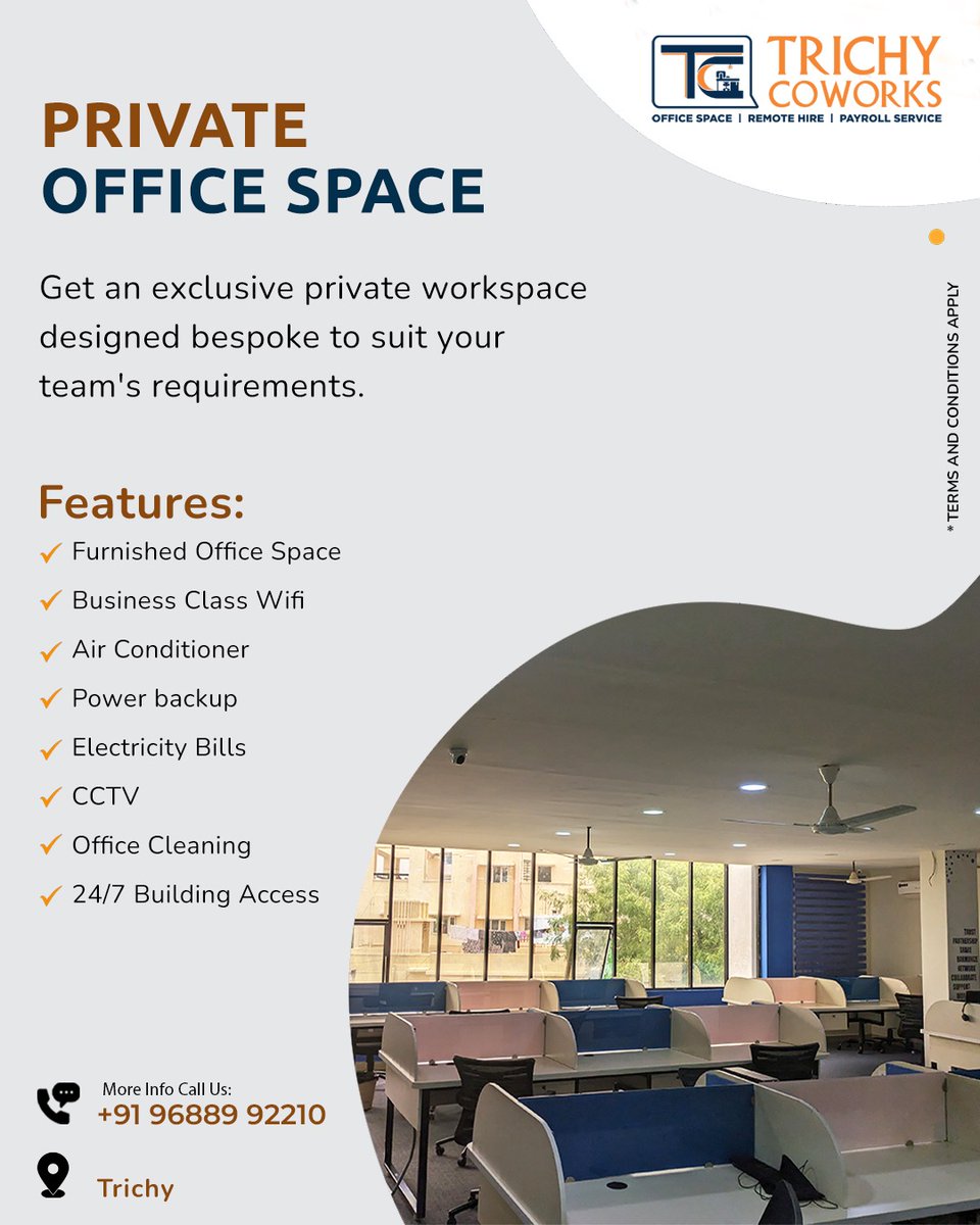 TrichyCoworks's tweet photo. Elevate Your Work Environment with Private Office Spaces Tailored to Your Team's Specific Needs. 

Enjoy Customizable Layouts, State-of-the-Art Amenities, and a Professional Atmosphere Designed for Productivity and Collaboration. https://t.co/yPu4Sxx3dw